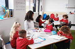 Teacher working with students in classroom.