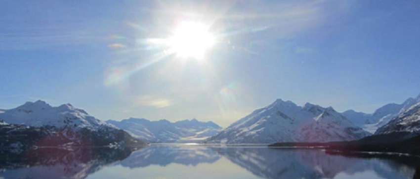 Mountains with snow and water.