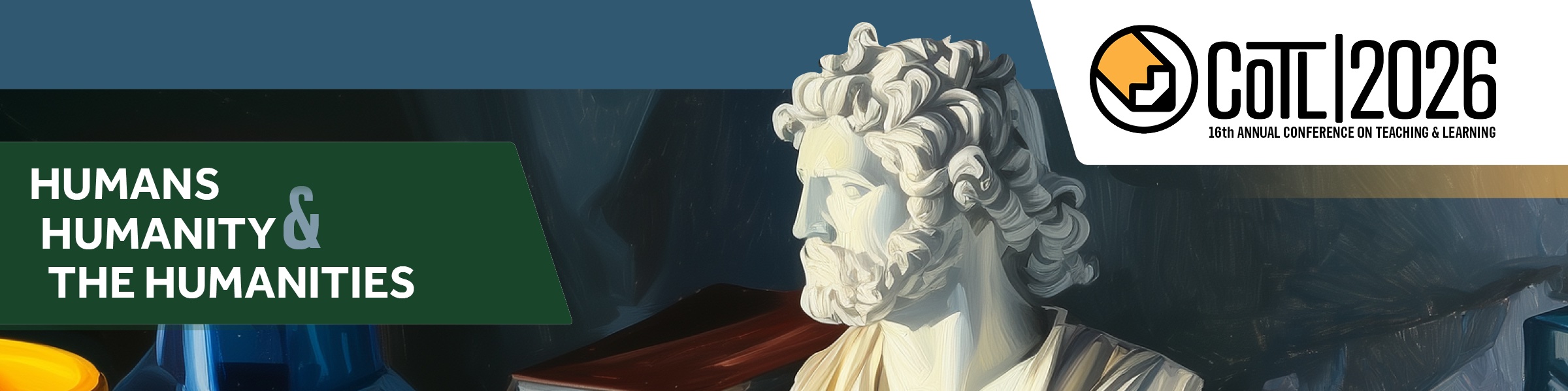 still life painting of books, a marble bust, and some jars with text "Humans Humanity & the Humanities"