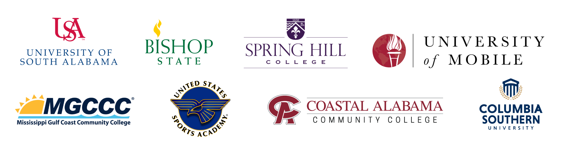 logos for CoTL partner schools (USA, Bishop State, Spring Hill College, University of Mobile, Mississippi Gulf Coast, US Sports Academy, Coastal Alabama, and Columbia Southern)