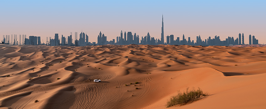 Desert with city scene in the background.