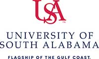 USA Red and Blue Logo with the words University of South Alabama and Flagship of the Gulf Coast stacked underneath letters