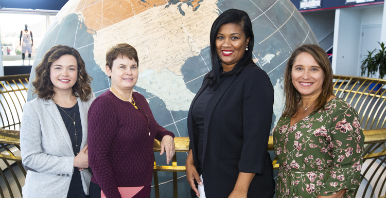 The Colleges of Nursing, Arts and Sciences, and Education and Professional Studies at the University of South Alabama, have joined forces to better serve at-risk youth and teens who are dealing with mental health issues in Mobile and surrounding areas. From left are interprofessional team members Dr.Candice Selwyn, research assistant professor in Nursing; Dr. Kimberly Williams, associate professor in Nursing and project director for the grant; Dr. Shanda Scott, assistant professor in Nursing and director of Diversity, Equity, and Inclusion; and Dr. Kimberly Zlomke,co-project director and professor in Arts and Sciences. Not pictured are Dr. Yvette Qualls Getch, co-project director and professor in Education and Professional Studies; Dr. Kirsten E. Pancione, project coordinator and assistant professor in Nursing; Dr. Bettina Riley, associate professor in Nursing, and Dr. Brian David Johnson, assistant professor in Nursing.