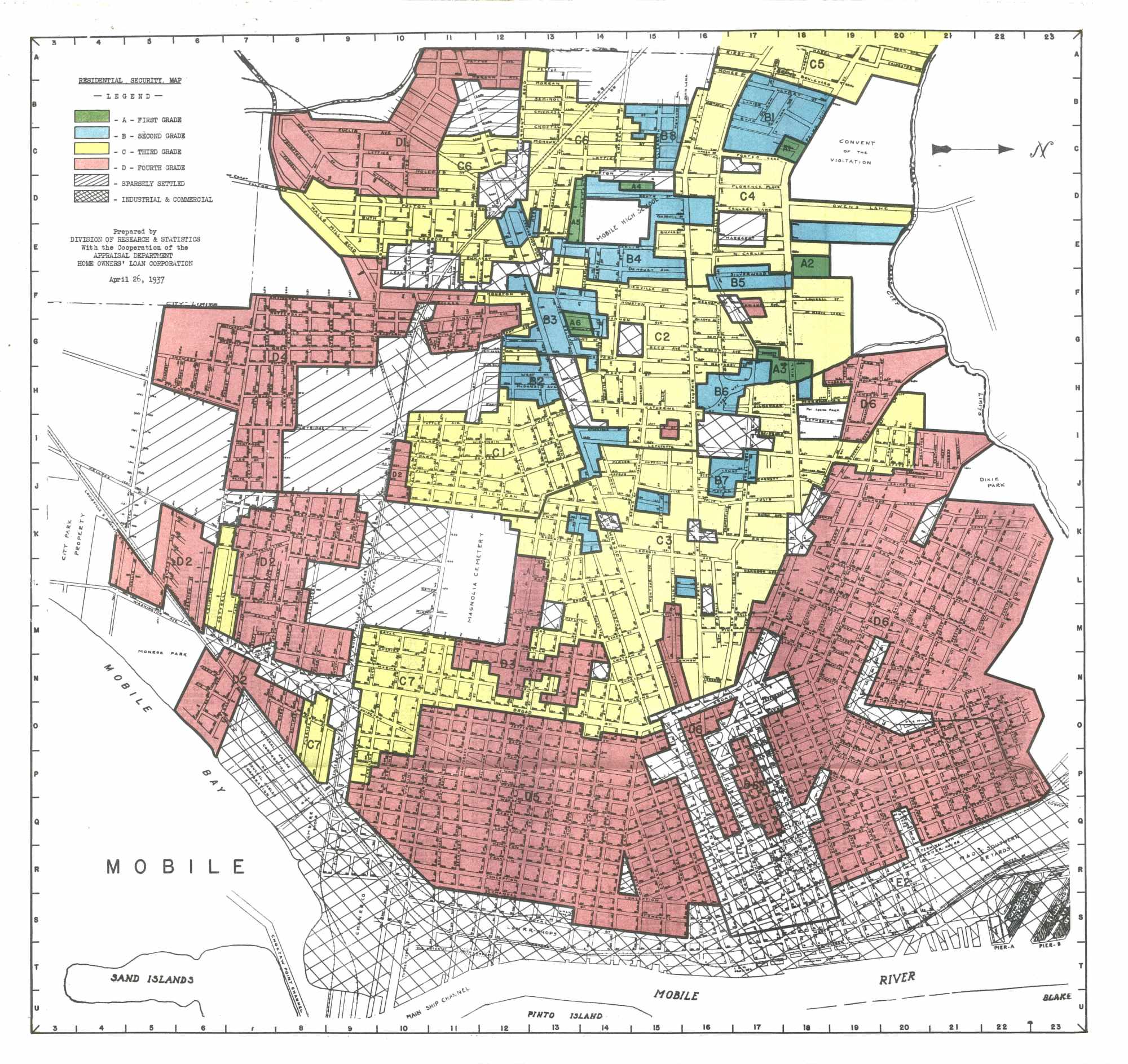 Map of Mobile, Alabama with neighborhoods marked in red, yellow, green, and blue